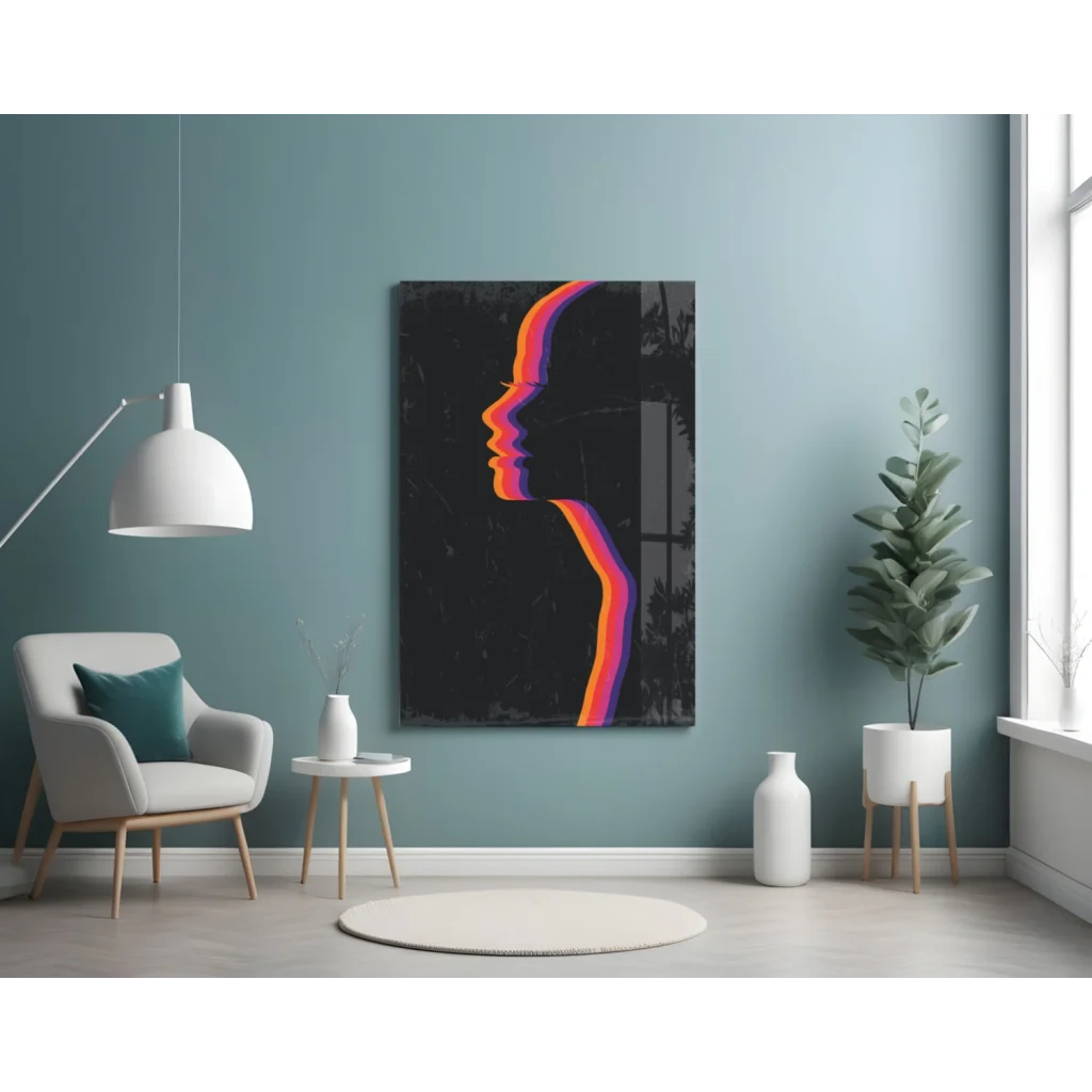 Vibrant rainbow glass wall art with stylized silhouette profile