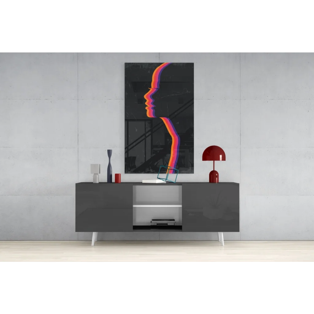 Vibrant rainbow silhouette glass wall art with gradient profile portrait