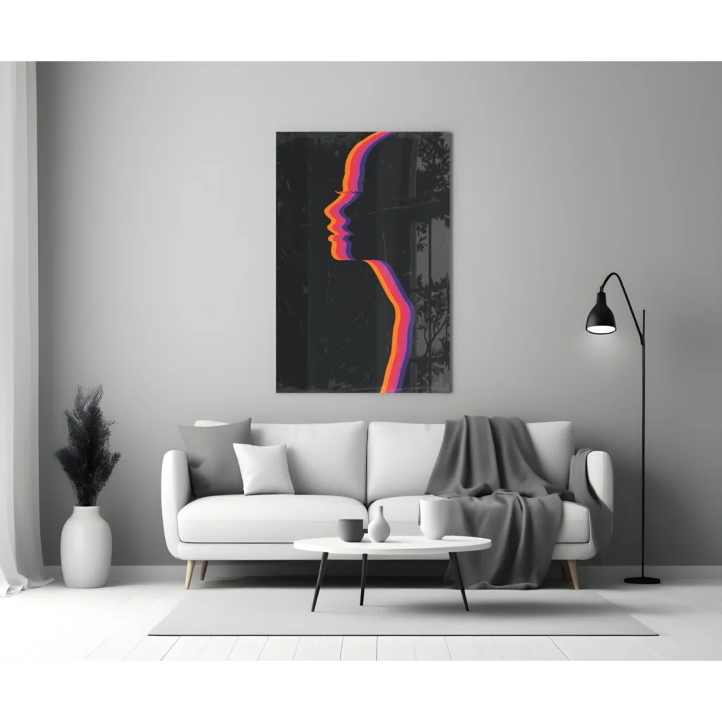 Vibrant rainbow glass wall art with gradient silhouette above white sofa