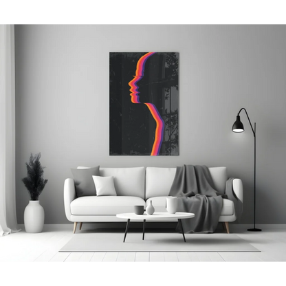 Vibrant rainbow glass wall art with gradient silhouette above white sofa