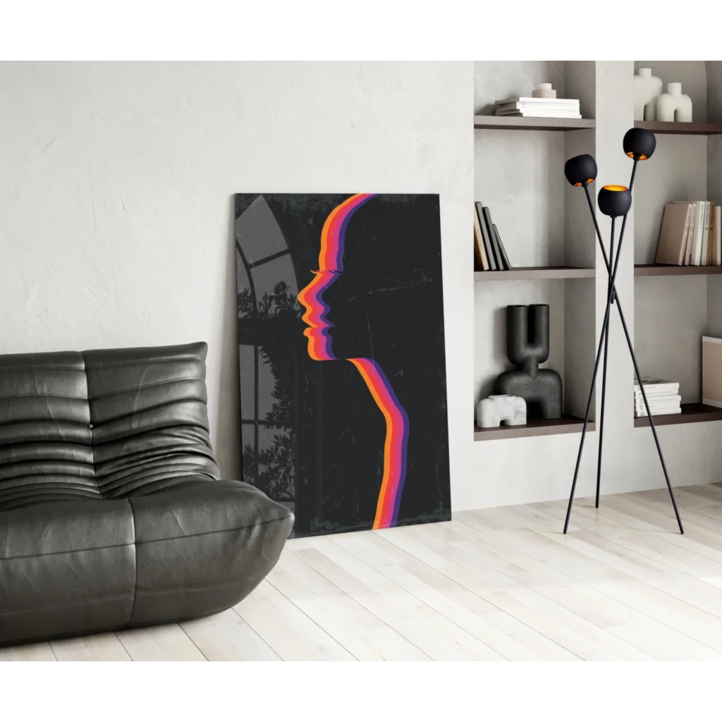 Vibrant neon-orange purple gradient silhouette in Rainbow glass wall art