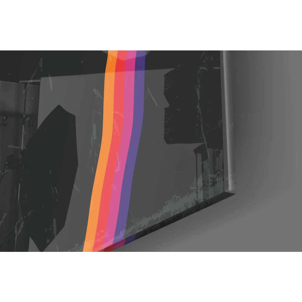 Vibrant rainbow gradient glass wall art with orange pink purple stripes on textured gray surface