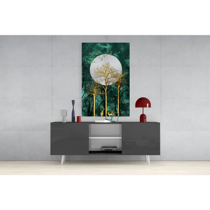 Golden Deer Teal Forest Canvas Wall Art with Moon