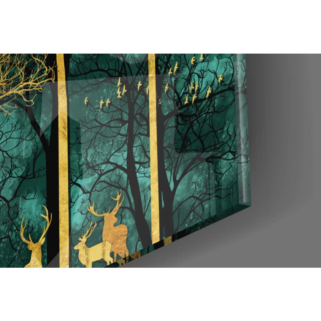 Teal and gold forest wall art with silhouetted deer, birds, and moon