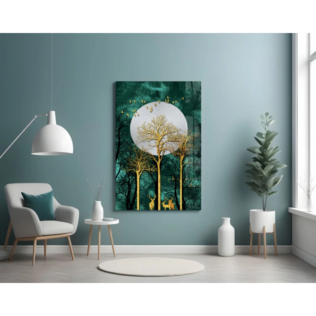 Golden Deer Teal Forest Canvas Wall Art with Moon | Contemporary Home Wall Art | vintageantiquesgifts.com