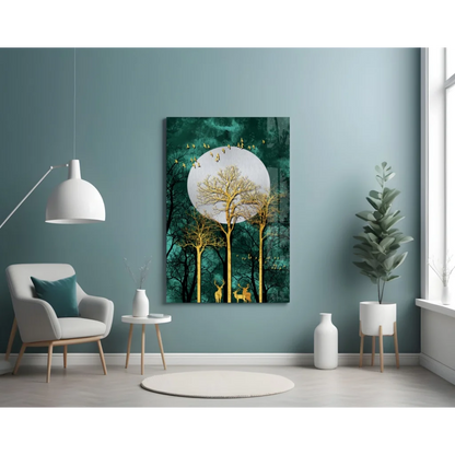 Golden Deer Teal Forest Canvas Wall Art with Moon | Contemporary Home Wall Art | vintageantiquesgifts.com
