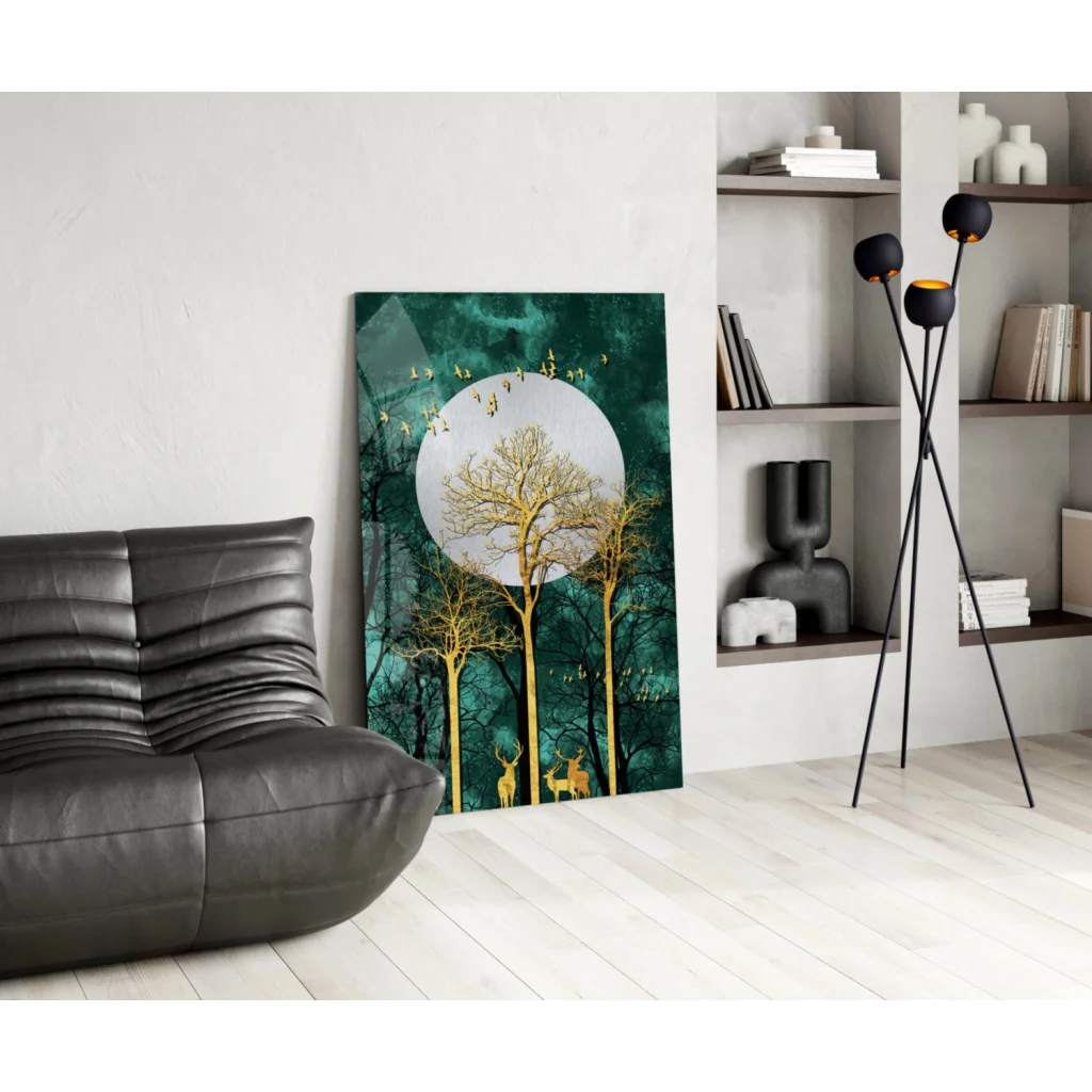 Stylized golden deer teal forest wall art canvas with moon