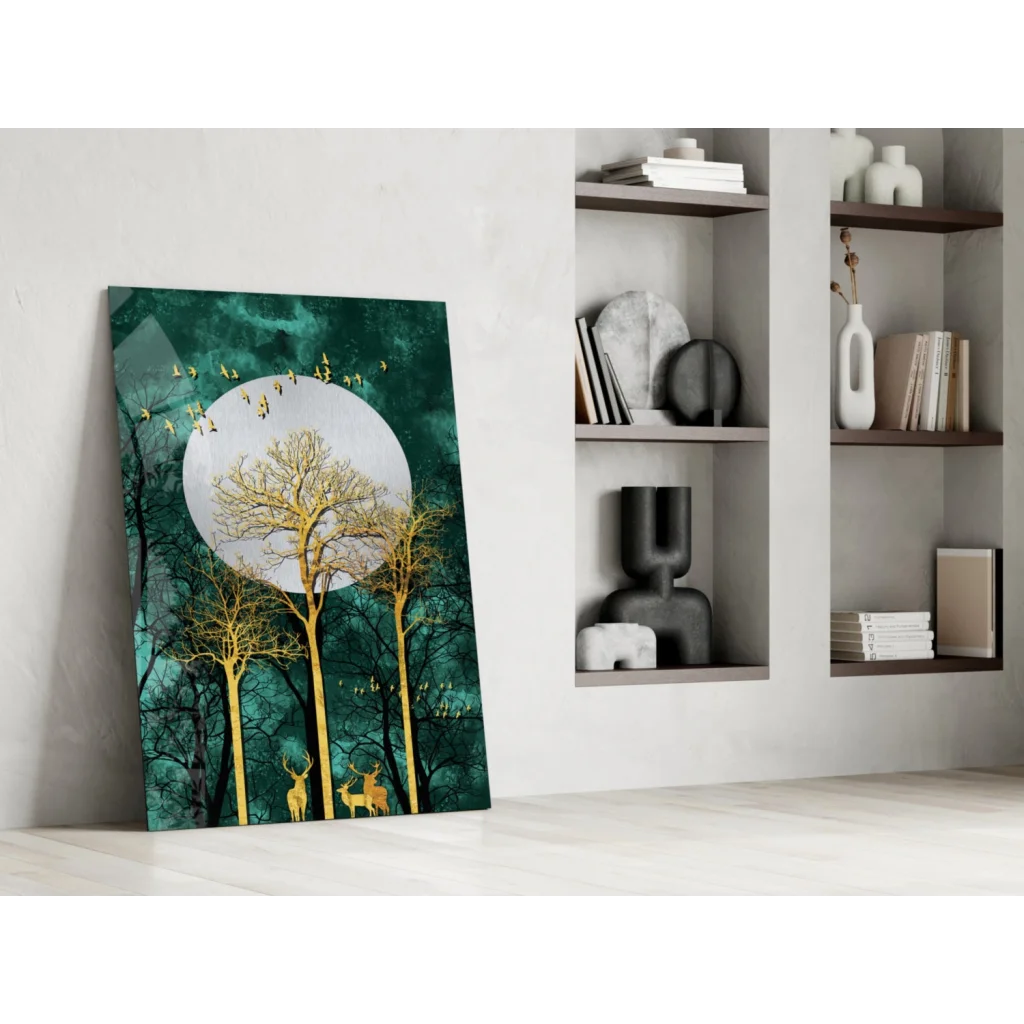 Golden Deer Teal Forest Canvas Wall Art with Moon