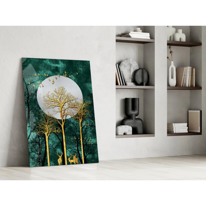 Golden Deer Teal Forest Canvas Wall Art with Moon