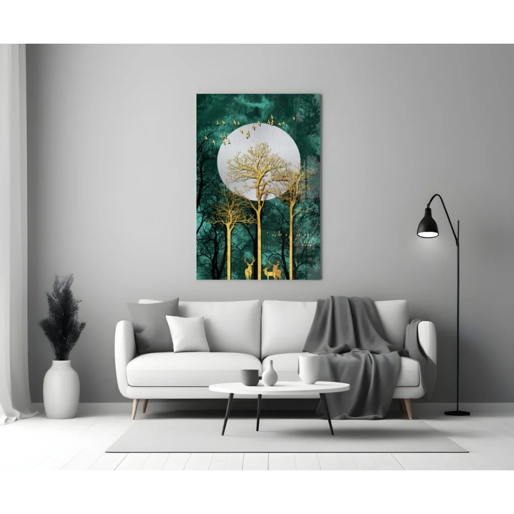 Golden Deer Teal Forest Canvas Wall Art with Moon | Modern Wall Art Decor | vintageantiquesgifts.com