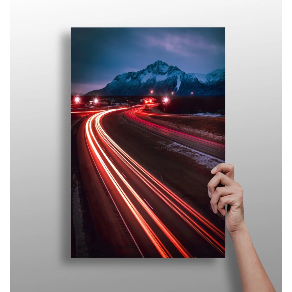 Nighttime highway light trails canvas print on aluminum with mountains