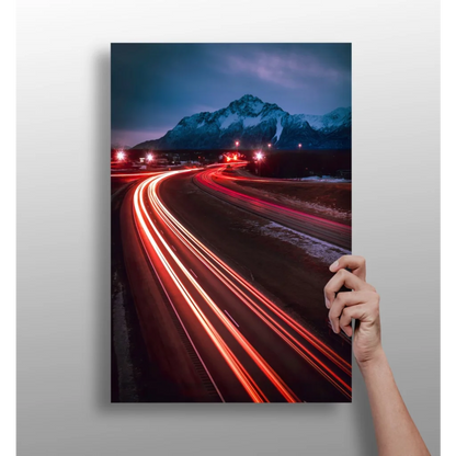Nighttime highway light trails canvas print on aluminum with mountains