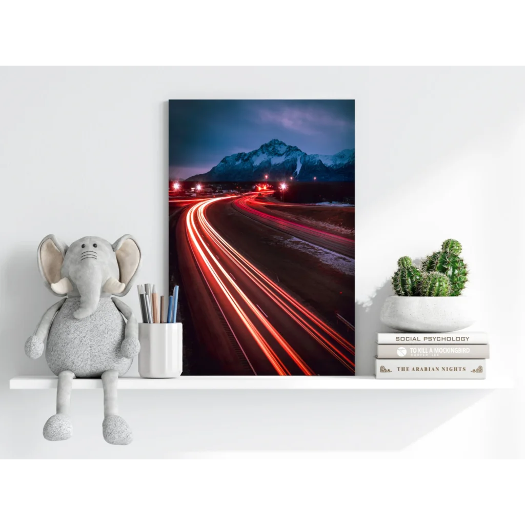 Gray plush elephant toy on Night Highway Light Trails canvas print shelf