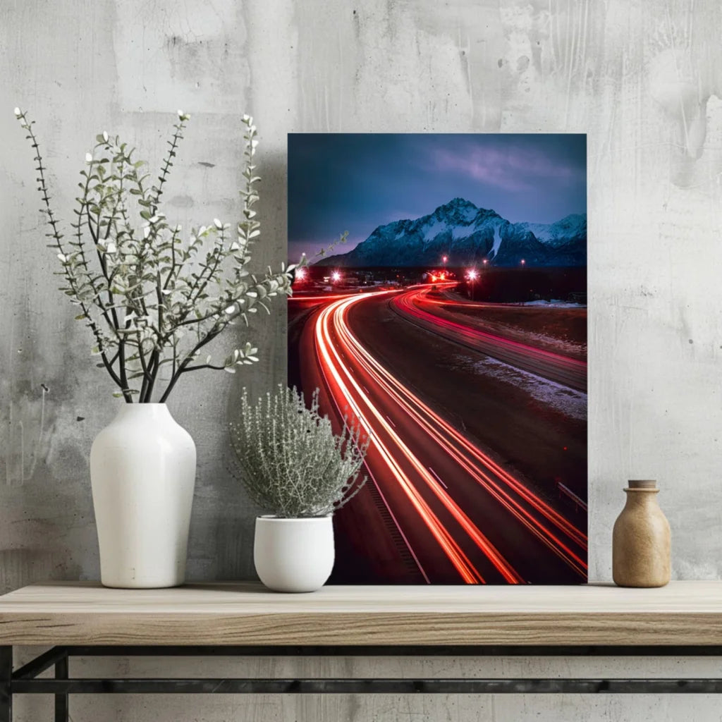 Modern white vase with dried florals on Night Highway Light Trails canvas print