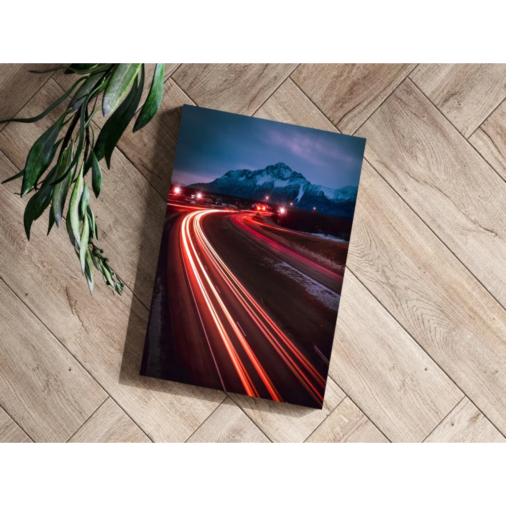 Night highway light trails canvas print on aluminum with mountains