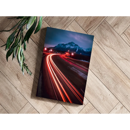 Night highway light trails canvas print on aluminum with mountains