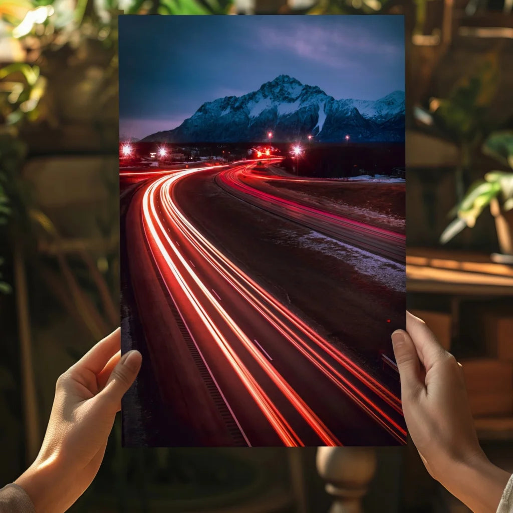 Vibrant red light trails on night highway canvas print on aluminum