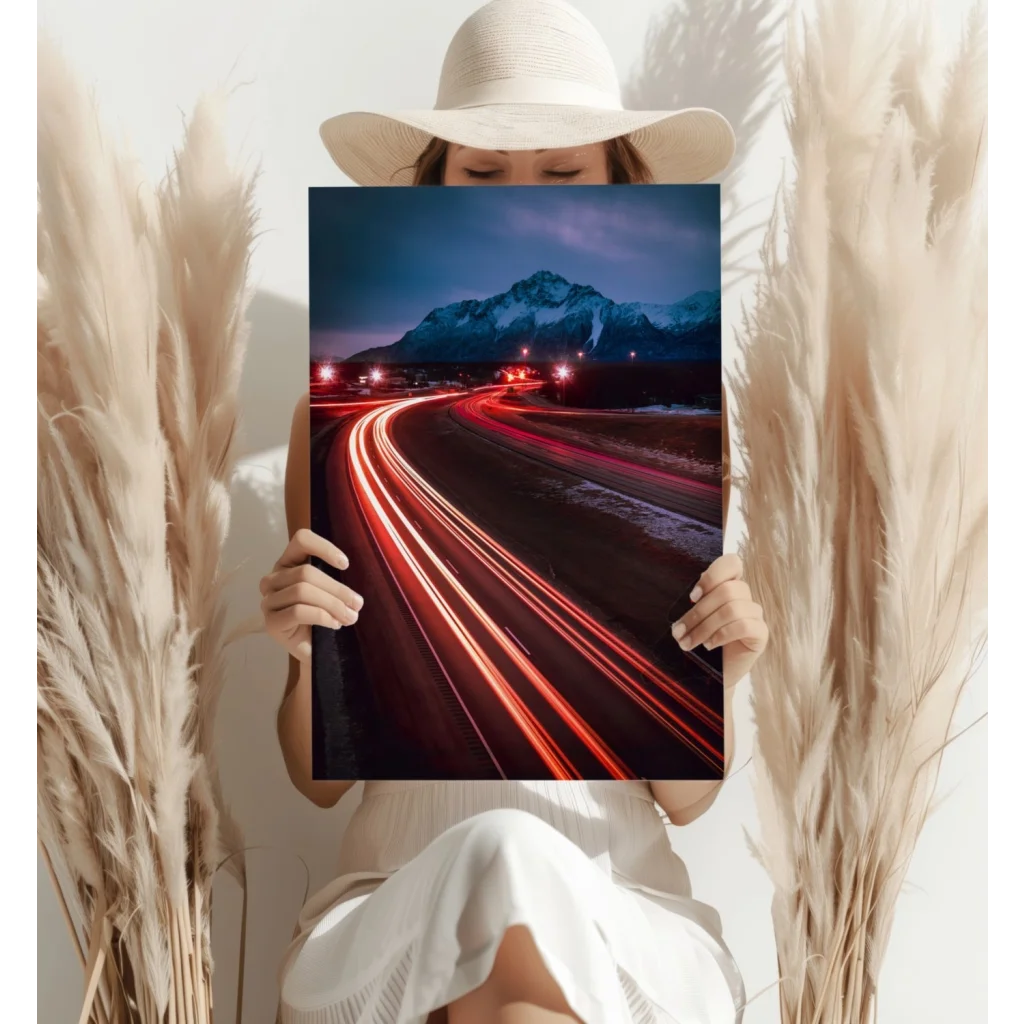 Red light trails canvas art with mountain background on aluminum