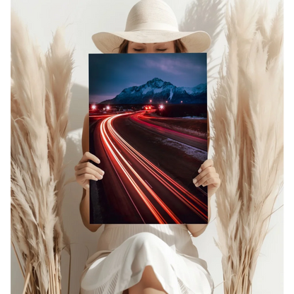 Red light trails canvas art with mountain background on aluminum