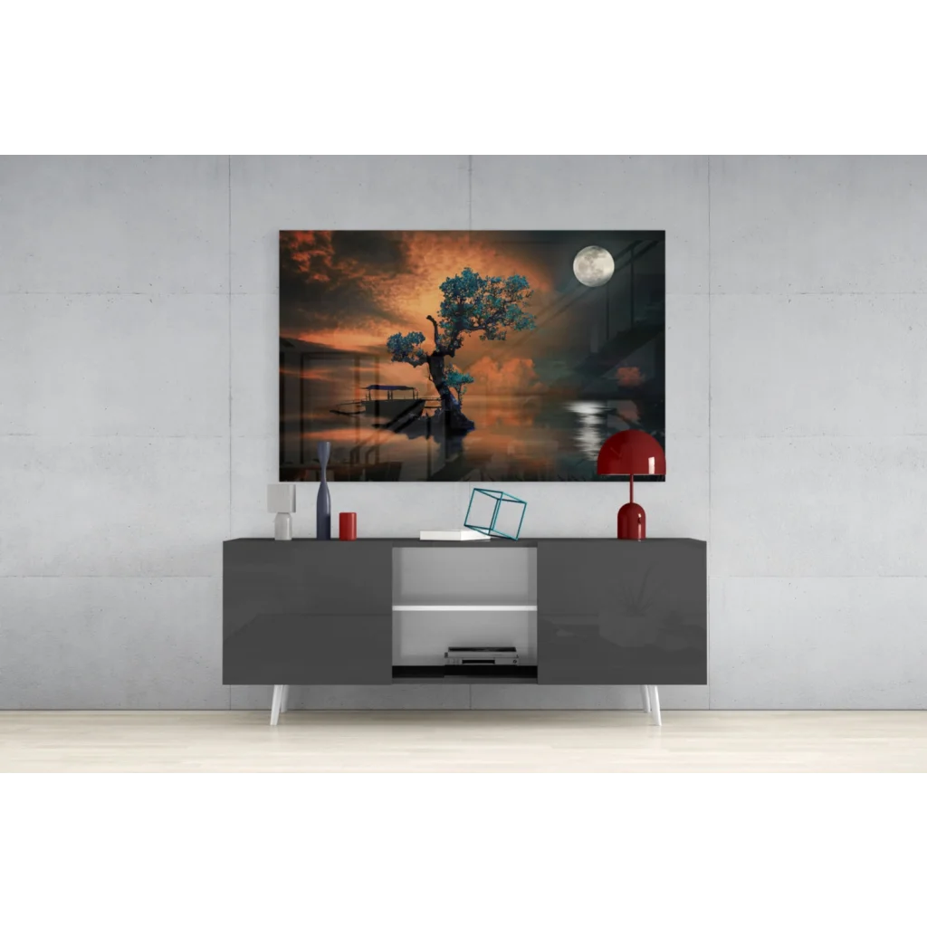Moonlit tree island canvas wall art print with full moon glow