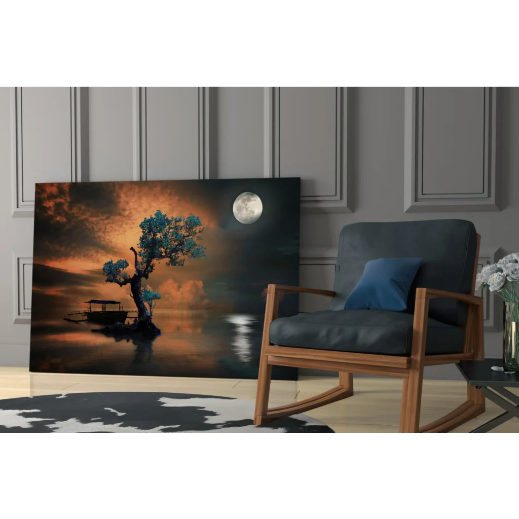 Serene moonlit tree with teal leaves in orange sky, calm water reflection wall art