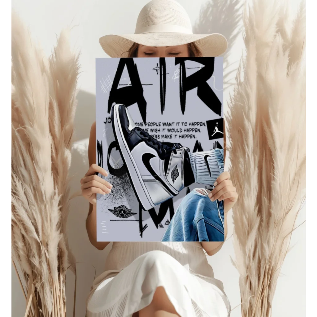 Nike Air Jordan poster in black white design with blue accents on aluminum print