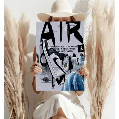 Nike Air Jordan poster in black white design with blue accents on aluminum print