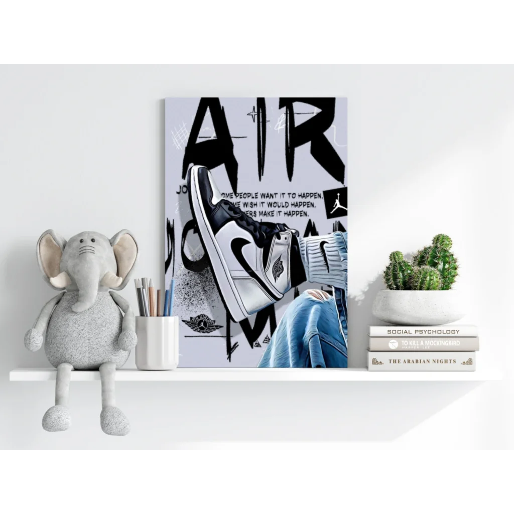 White elephant plush toy with friendly expression on Nike shelf