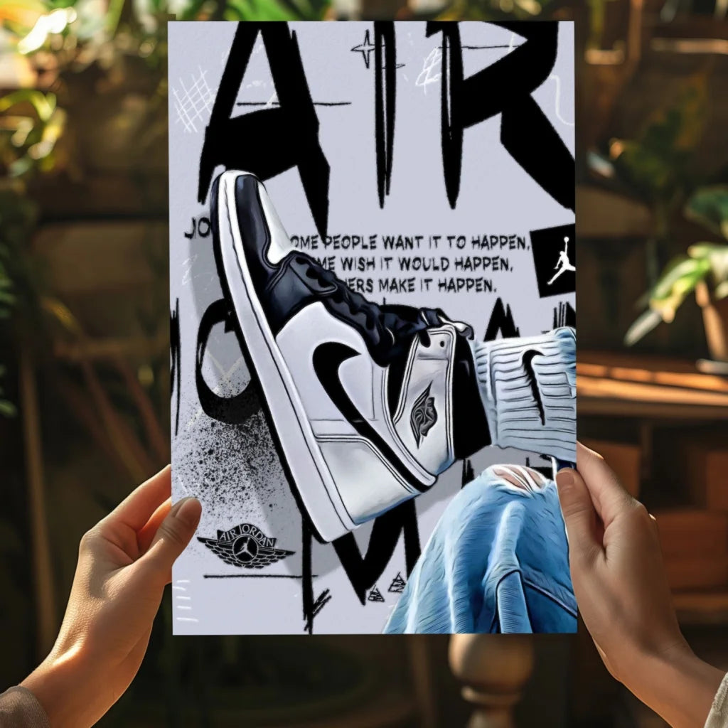Black and white Nike Air Jordan sneaker poster on aluminum print