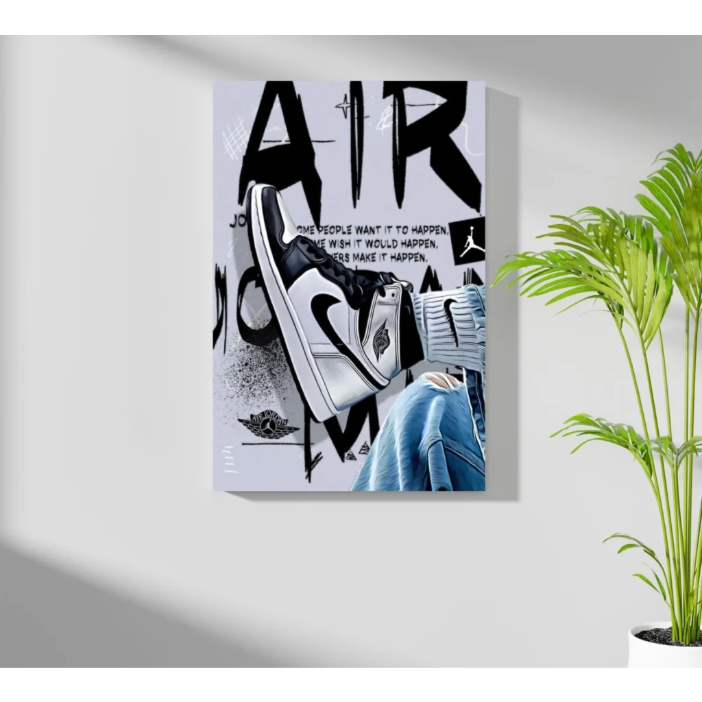 Black and white Air Jordan poster on aluminum print with sneakers, jacket, jeans, and quote