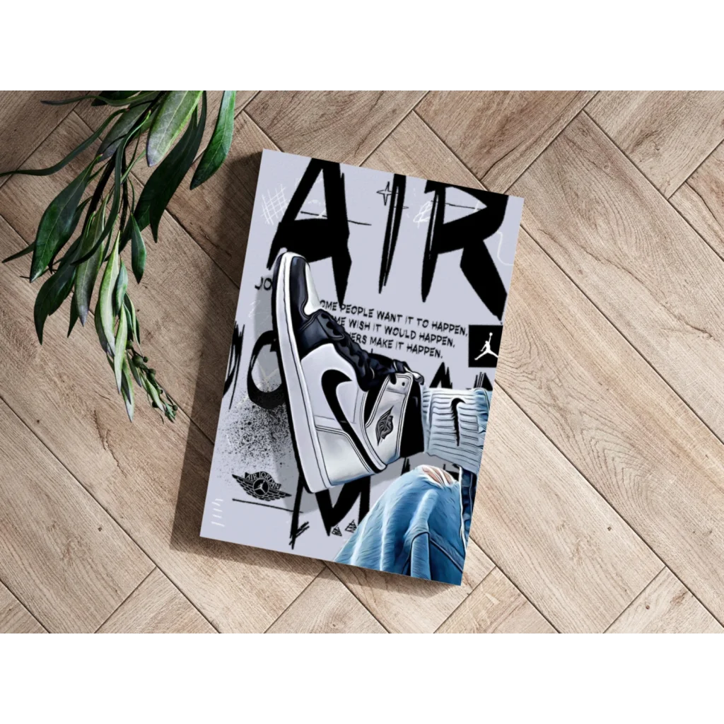 White and black Air Jordan poster on wooden floor, aluminum print set