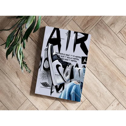 White and black Air Jordan poster on wooden floor, aluminum print set