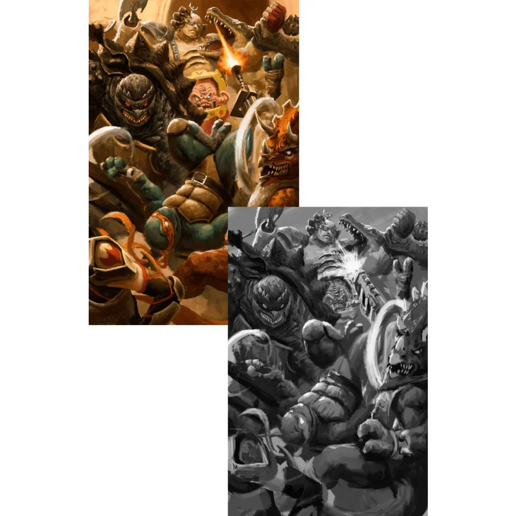 Ninja Turtles Battle Nexus comic with dramatic fantasy battle of armored monstrous warriors