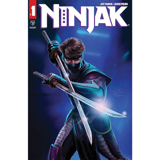 Comic book cover featuring a masked ninja with swords from Valiant Entertainment’s Ninjak #1