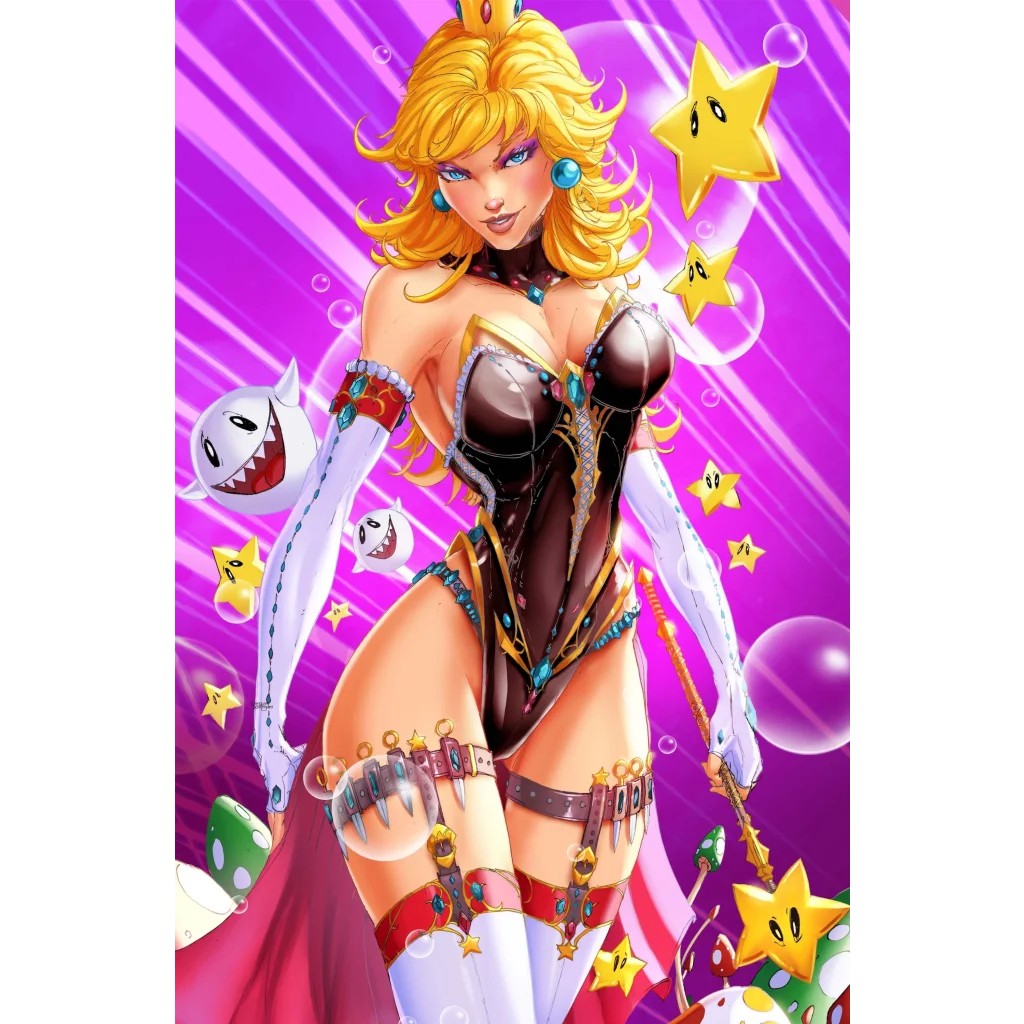 Stylized Princess Peach in revealing brown-gold armored bodysuit on brushed aluminum wall art