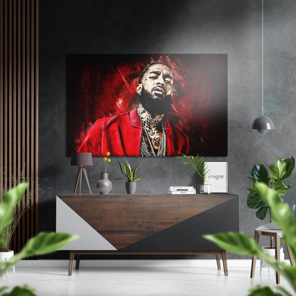 Vibrant red bearded man on brushed aluminium dibond wall art