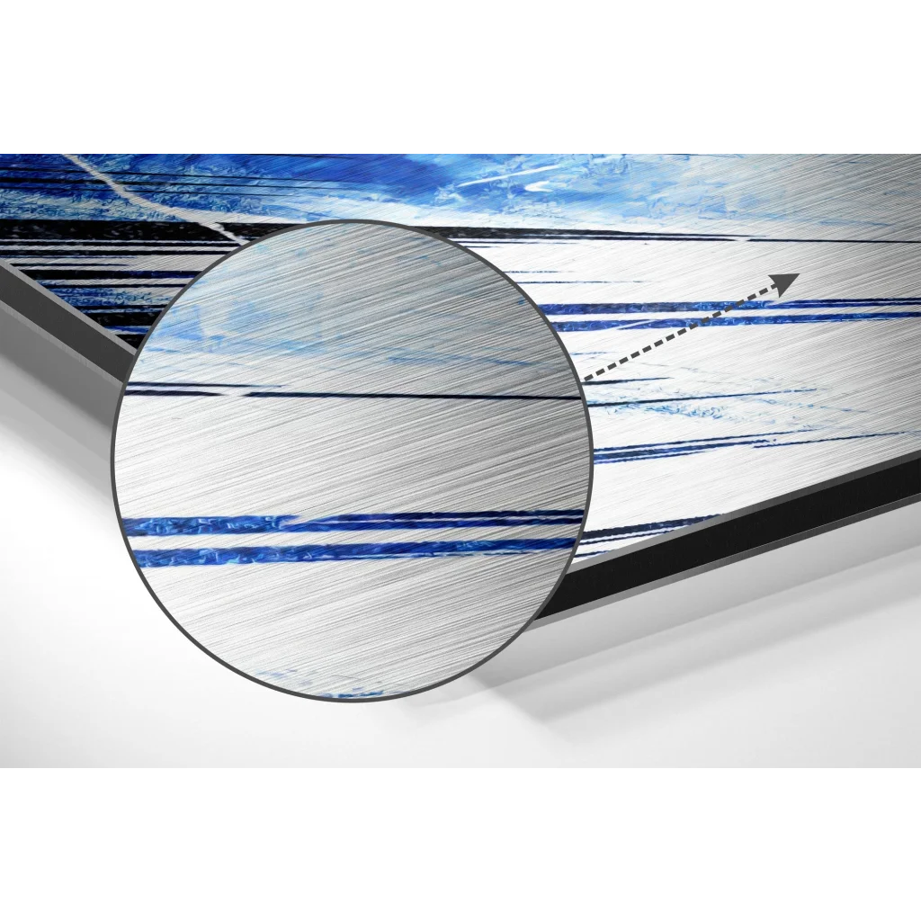 Stunning brushed aluminium dibond canvas art with silver surface and blue stripes