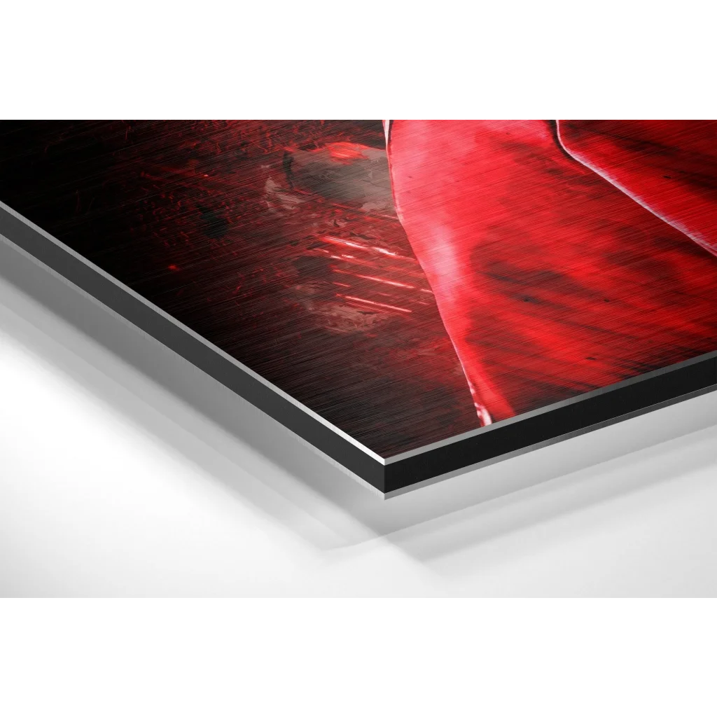 Vibrant red abstract brushed aluminium dibond wall art with textured brushstrokes
