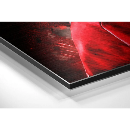 Vibrant red abstract brushed aluminium dibond wall art with textured brushstrokes