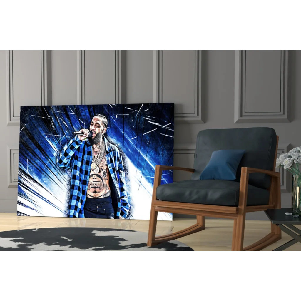 Tattooed rapper singing on stage in blue black plaid wall art canvas print