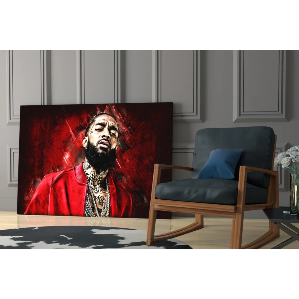 Vibrant red glass wall art portrait of bearded man in bold style