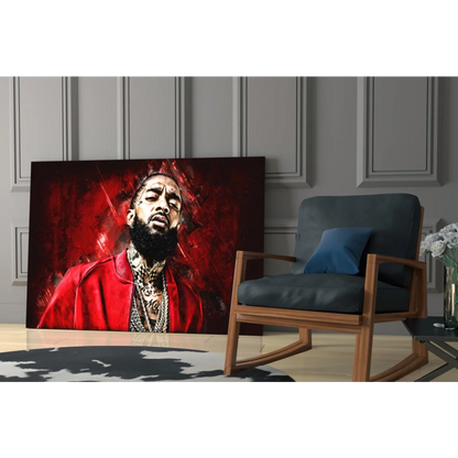 Vibrant red glass wall art portrait of bearded man in bold style