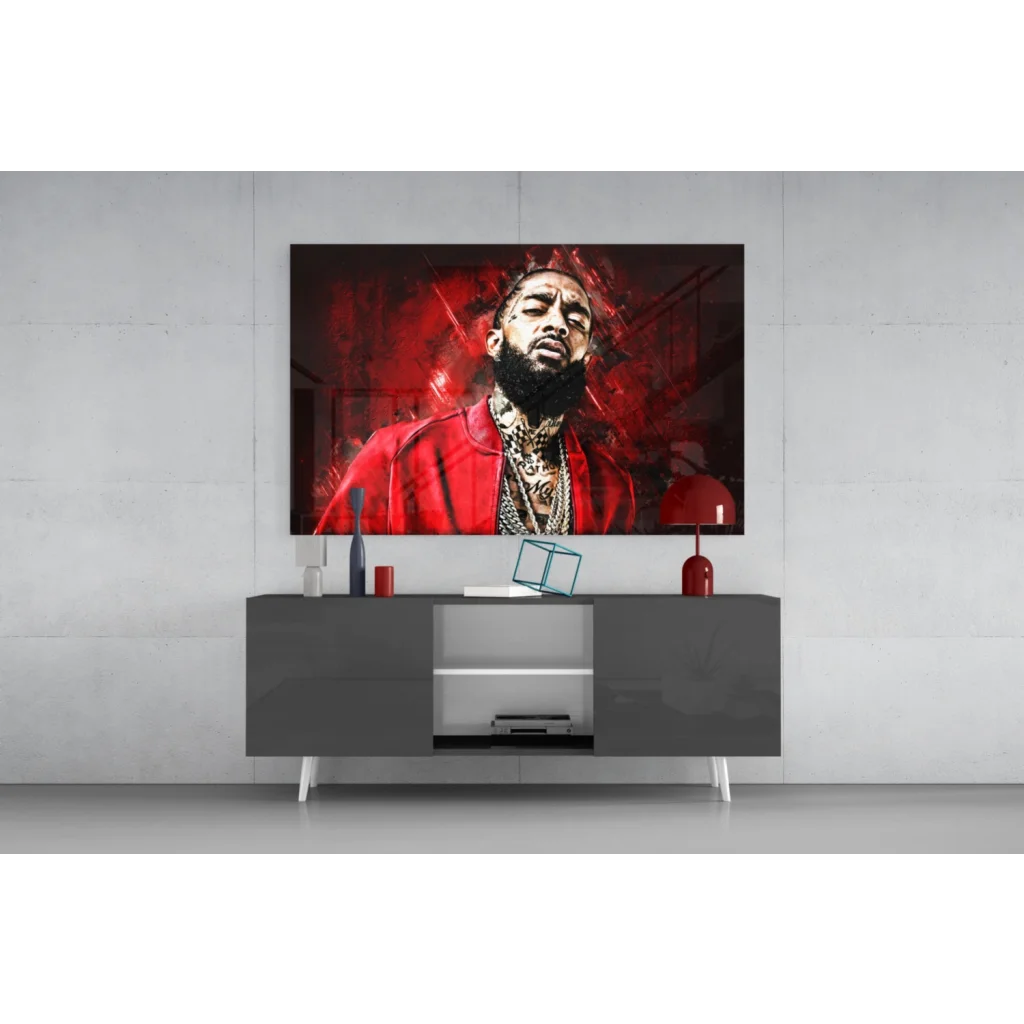 Vibrant red black abstract bearded man glass wall art print