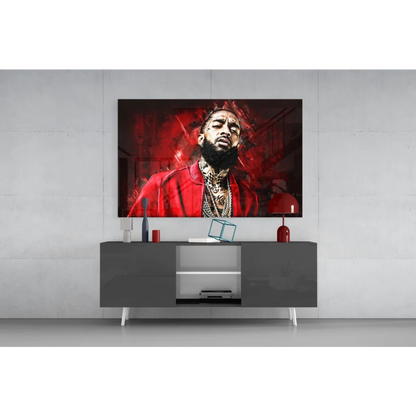 Vibrant red black abstract bearded man glass wall art print