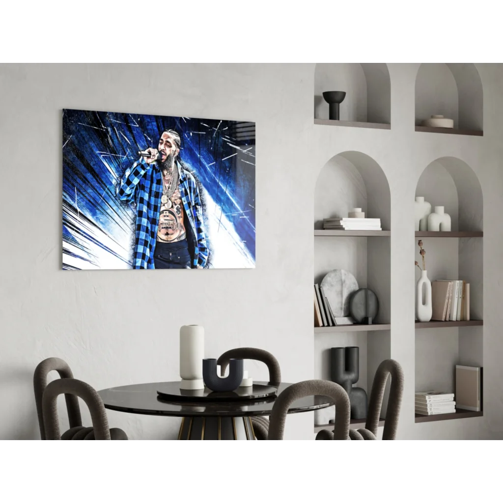 Blue and black tattooed rapper in plaid shirt canvas wall art print
