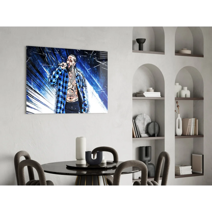 Blue and black tattooed rapper in plaid shirt canvas wall art print