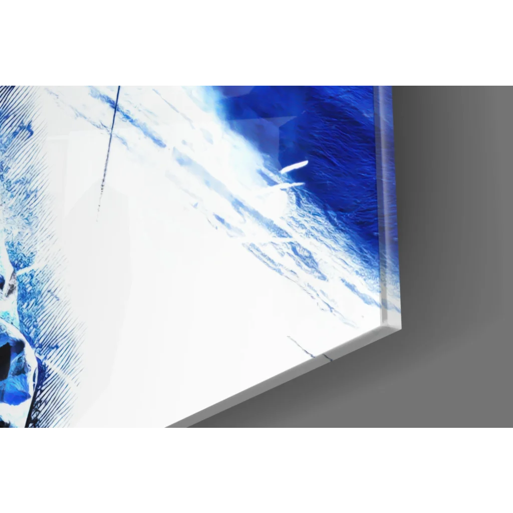 Blue and white glossy glass wall art print of tattooed rapper in plaid