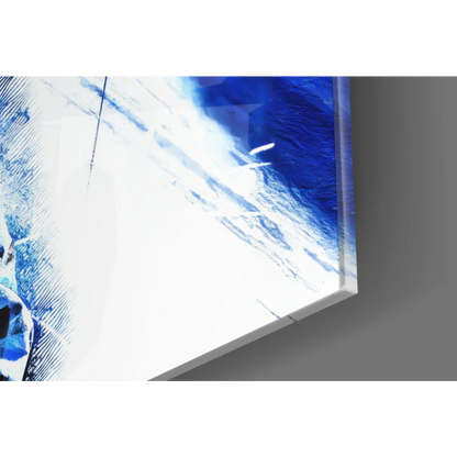 Blue and white glossy glass wall art print of tattooed rapper in plaid