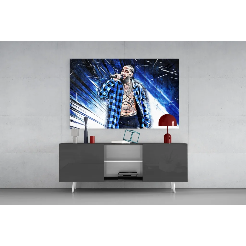 Vibrant blue black tattooed rapper in plaid shirt wall art print
