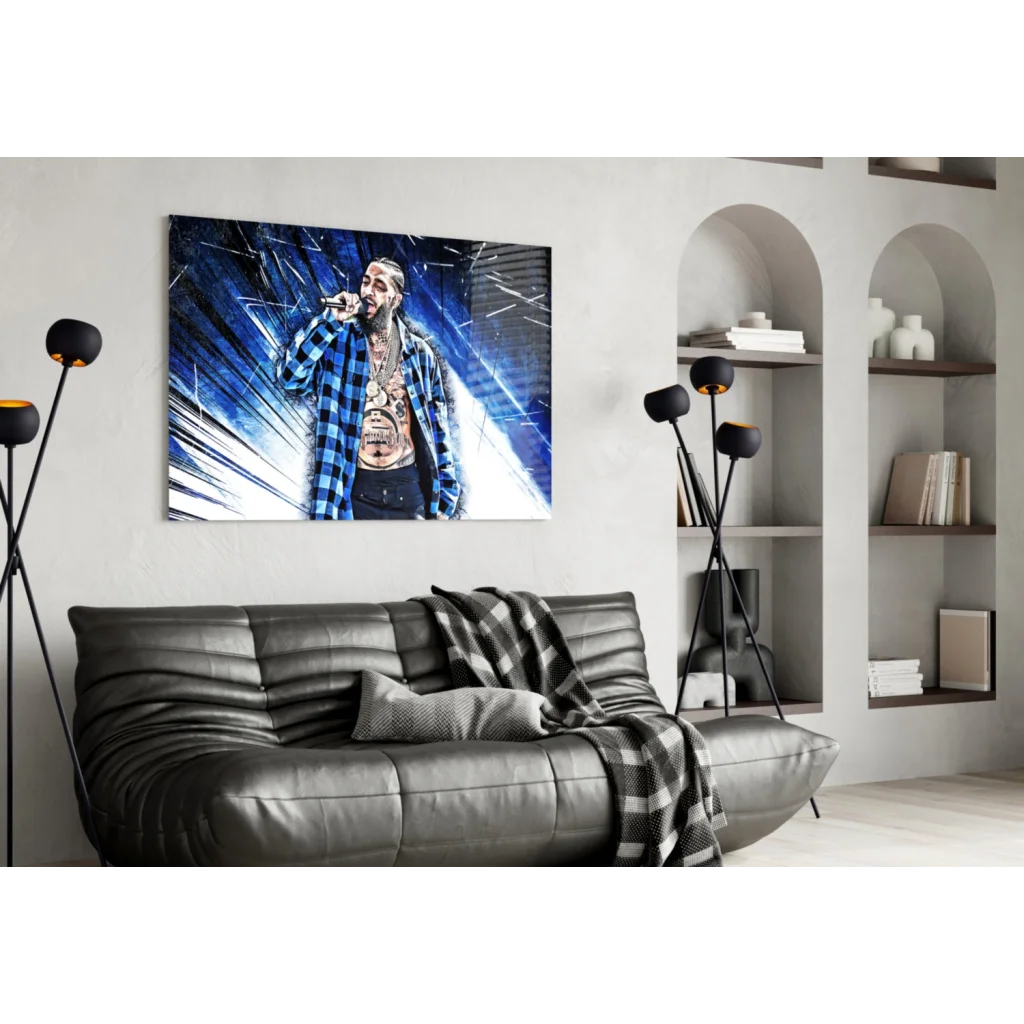 Tattooed Rapper Blue Plaid Canvas Wall Art Print | Contemporary Home Wall Art | vintageantiquesgifts.com